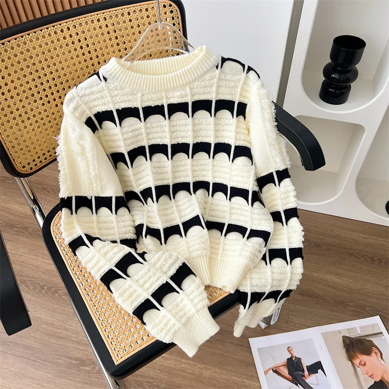 

Color Blocking Stripes Autumn Winter Lazy Sweater Long Sleeve Loose Soft Glutinous Tops Gentle Wind
