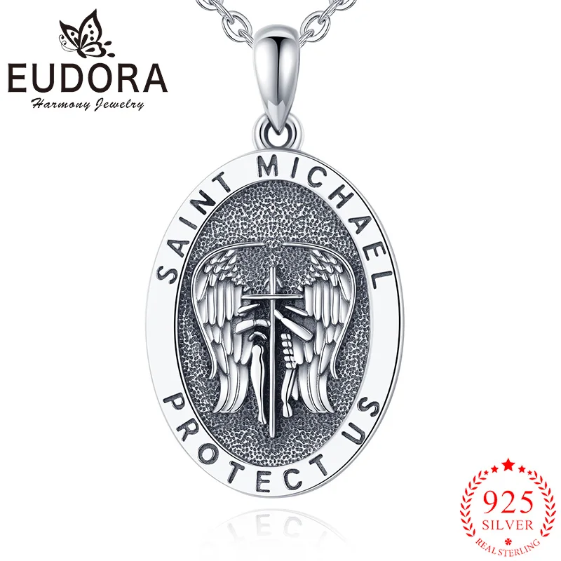 

Eudora 925 Sterling Silver Saint Michael Angel Wings Necklace Patronus Vintage Embossed Pendant Fine Jewelry Men Women Gifts