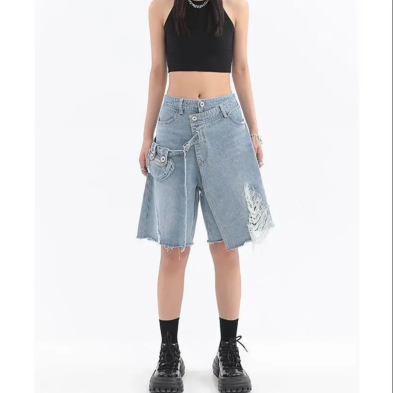 Shorts Hole Pockets Knee-Length Women 2024 Summer Denim Design Thin New Arrival Chic Vintage Fashion All-Match Streetwear