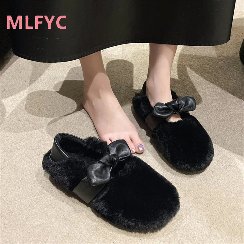 Cotton Shoes Ladies Autumn and Winter New Bow Lazy Shoes Flat Bottom and Plush Two Wear Cotton Shoes Casual Warm Women Shoes