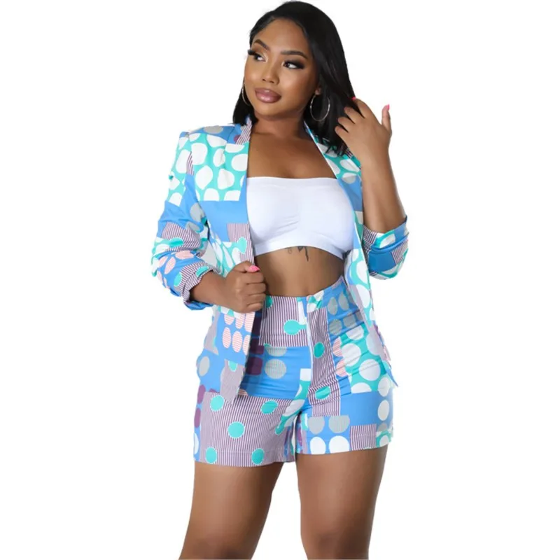 Two Piece Set Women Fashion Professional Shorts Outfits Casual Print Cardigan Jacket Famous Suit Office Lady Suit Outfits Fall