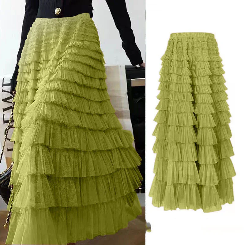 

Summer Spring Women Multilayer Ruffles Tulle Skirt Pleated High Waist Fluffy Maxi Skirt Fairy Cake Dress Long Tutu Party Skirt