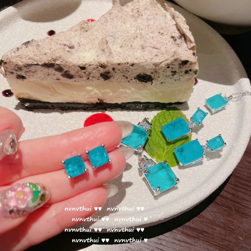 2024 Hot Sale New 925 Silver Stud Blue Paraiba Earrings Necklace Women's Wedding Fashion Jewelry Earrings Necklace Set Wedding 2