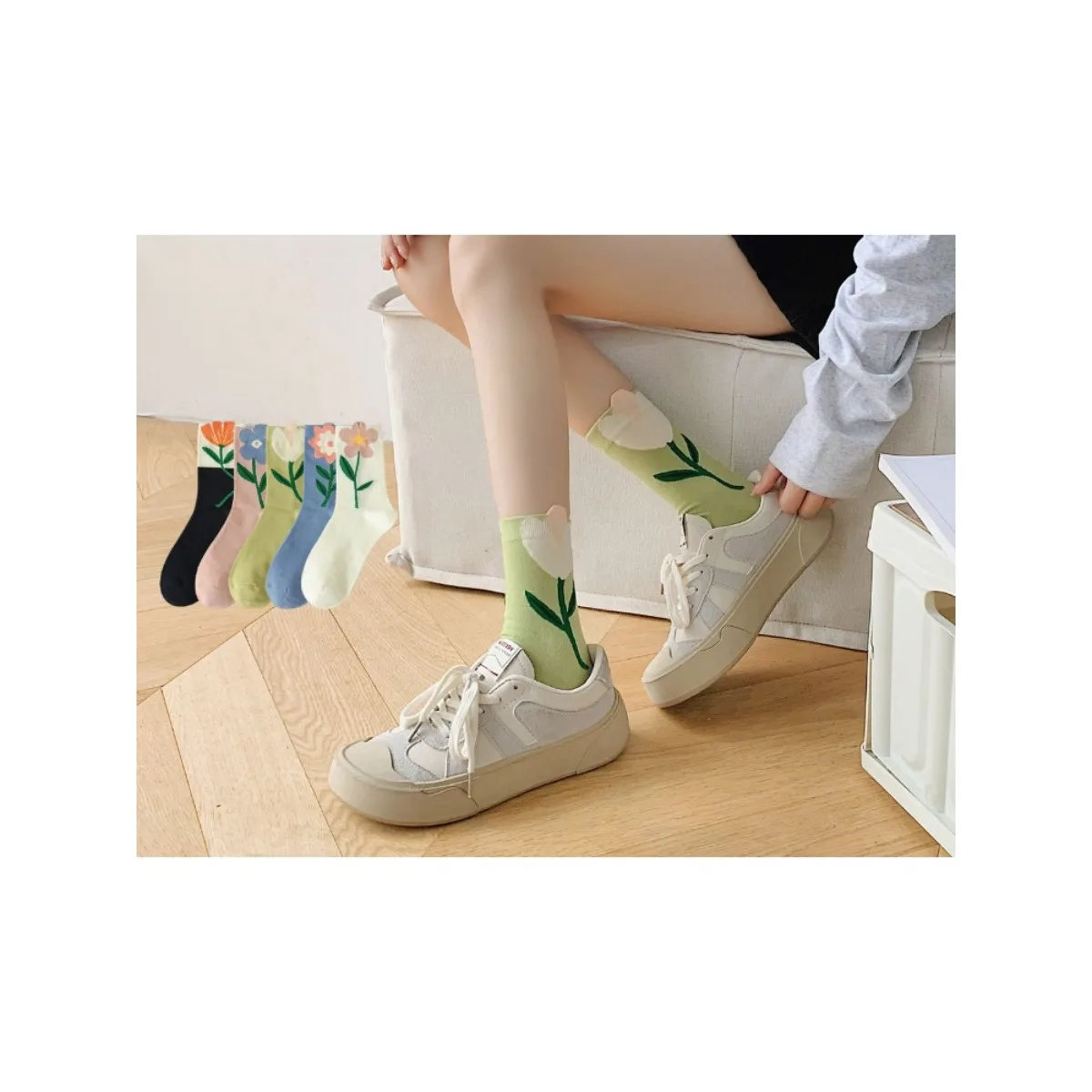 

Носки женские средней длины с цветком тюльпана, милые повседневные носки, 5 пар, весна-лето-осень