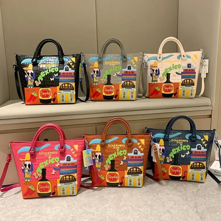 Women's Crossbody Bag Handmade Embroidery Graffiti Single Shoulder Bag Retro Handheld Soft PU Square Shape Neutral Minimalist St
