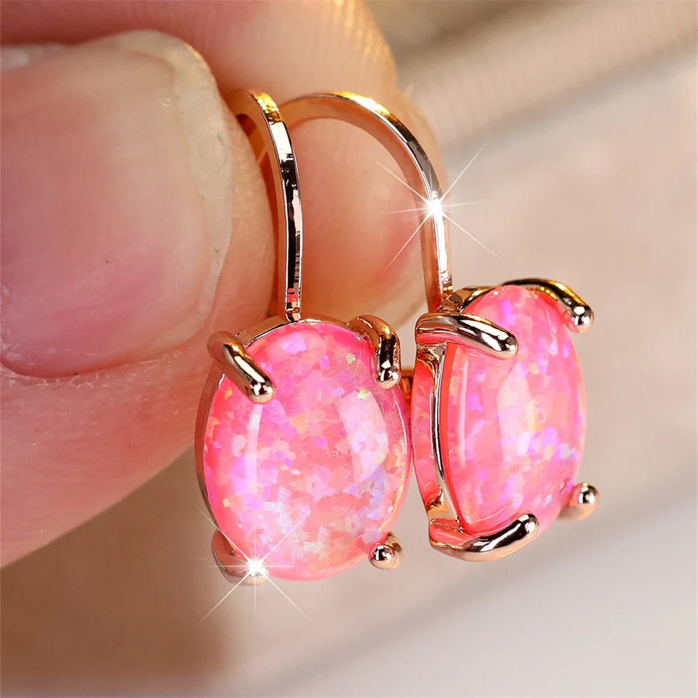 White Blue Purple Pink Opal Oval Stone Hoop Earrings For Women Rose Gold Silver Color Ear Buckle Wedding Jewelry Engagement Gift