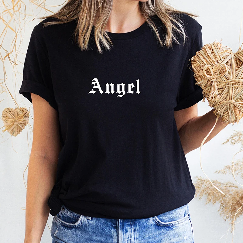 

Angel Letter Print Women T Shirts Cotton Kawaii Korean Graphic Tee Popular Cotton T-shirt High Street Goth Tshirt Dropshipping