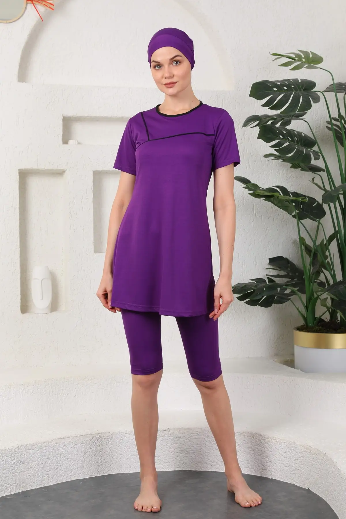 

Black Semi-Off Swimsuit Purple Hijab Beach Clothing