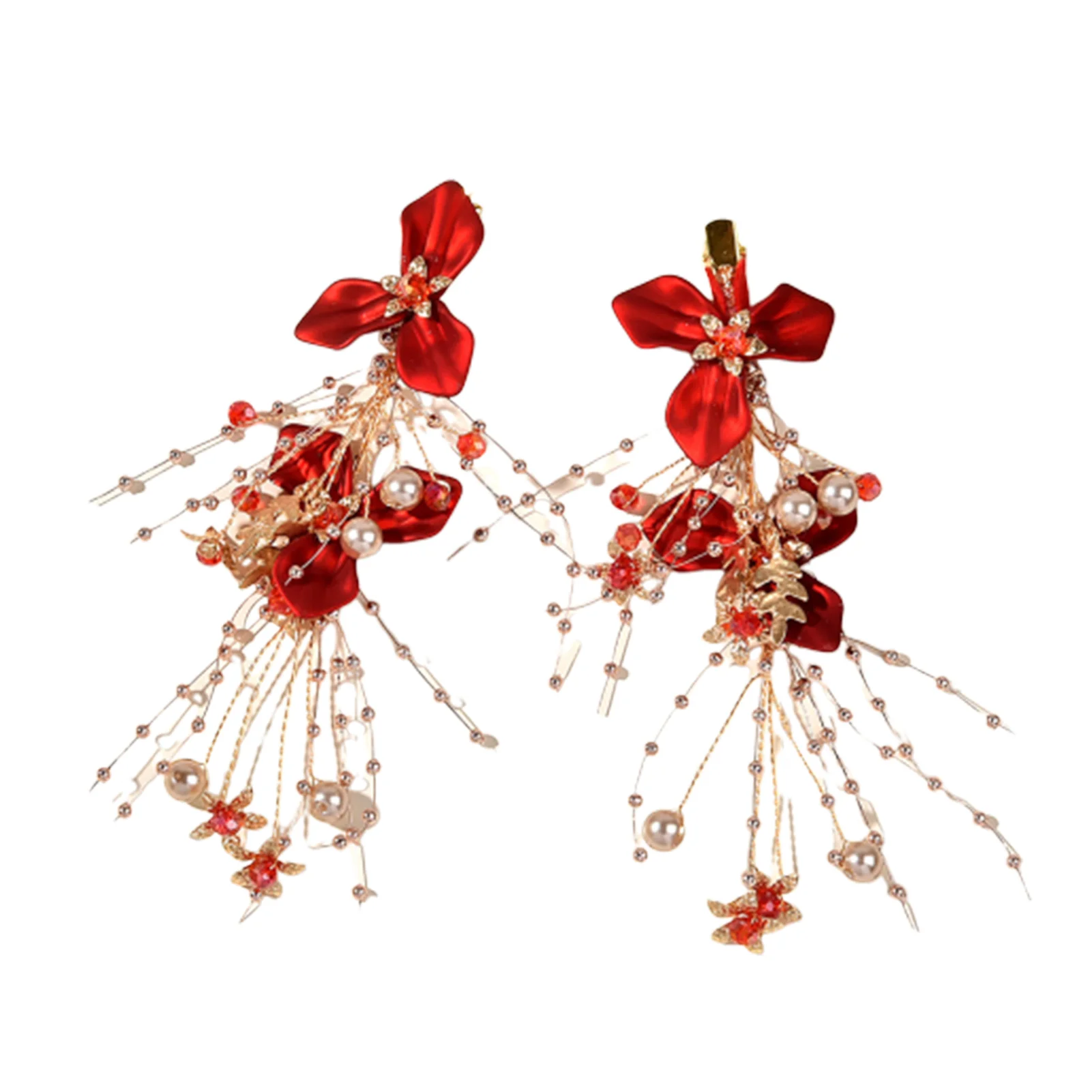 

Retro Side Clips with Red Flower Decor Pearl Setting Hair Weaving Jewelry for Bridesmaid Wedding Banquet Party