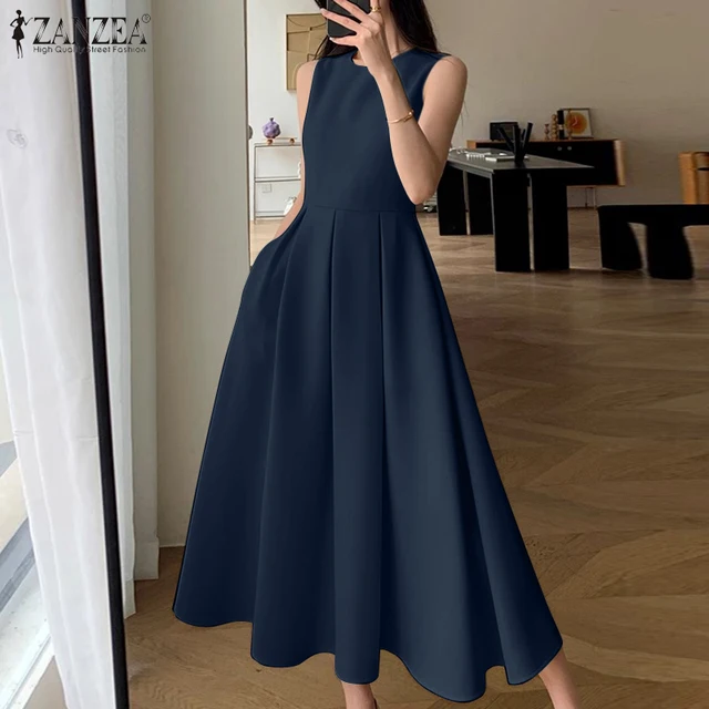 548690-bf46ad.jpg فستان نسائي بلا أكمام مطوي ، فستان صيفي كوري ، فستان ماكسي متأرجح أنيق