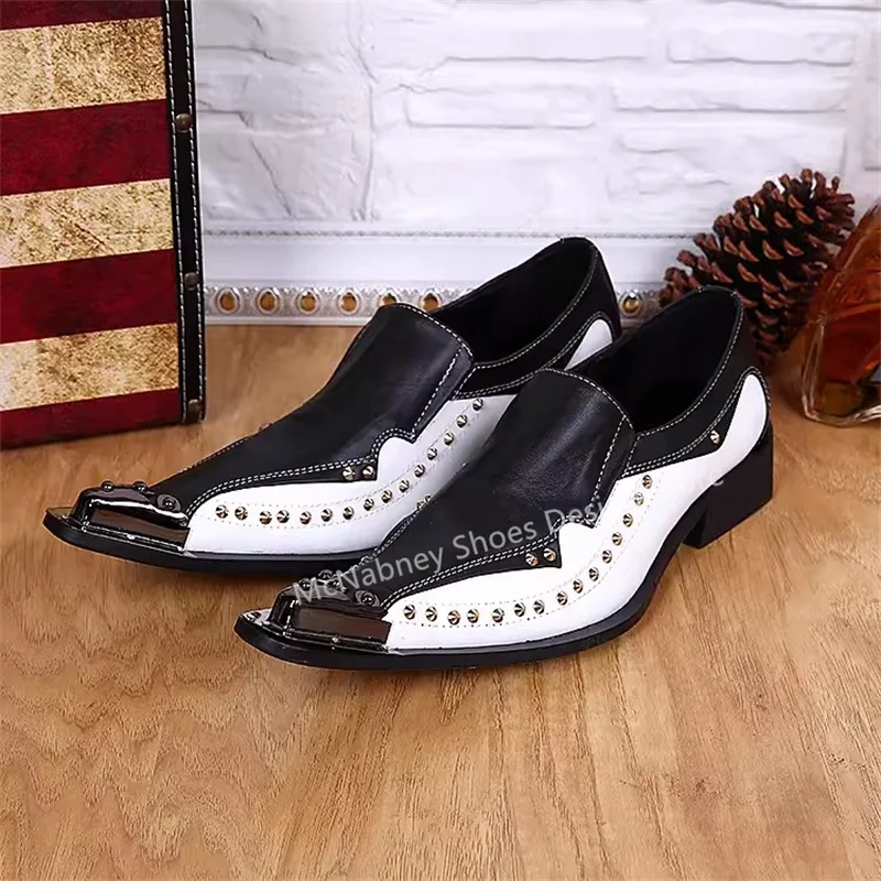 

Punk Style Rivet Men's Sewing Shallow Loafers Fashion Mixed Color Pointed Toe Chunky Heel Leisure Shoes Male Party Dress Oxfords