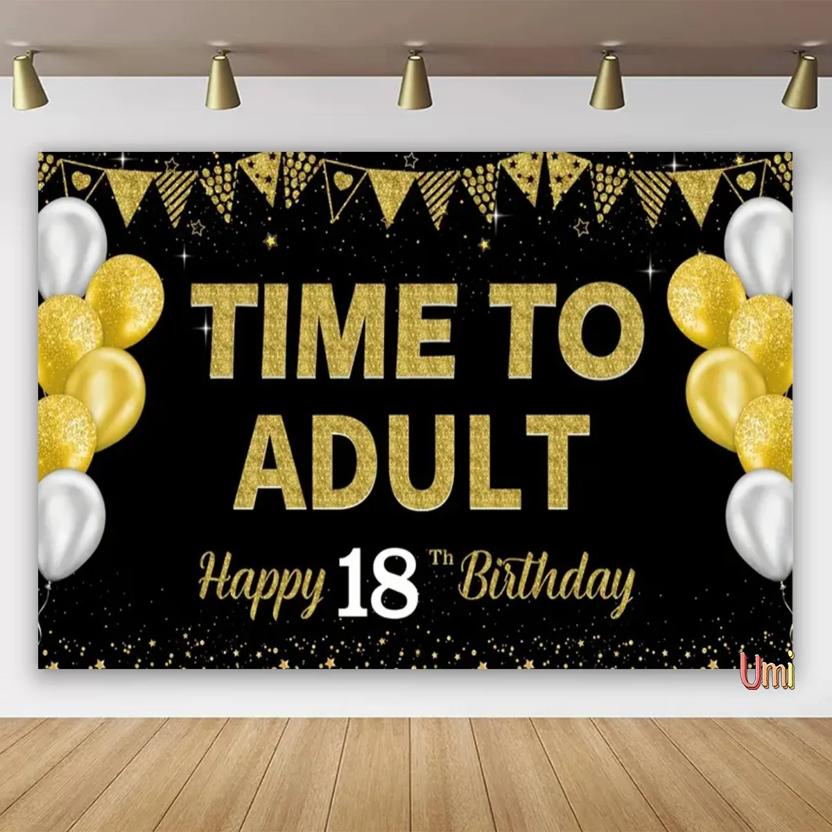 thumbnail image 1 of Fondo para fiesta de cumpleaños número 18 con globos con purpurina dorada y negra para niños y niñas de 18 años para fondos de fotografía, 1 of 5