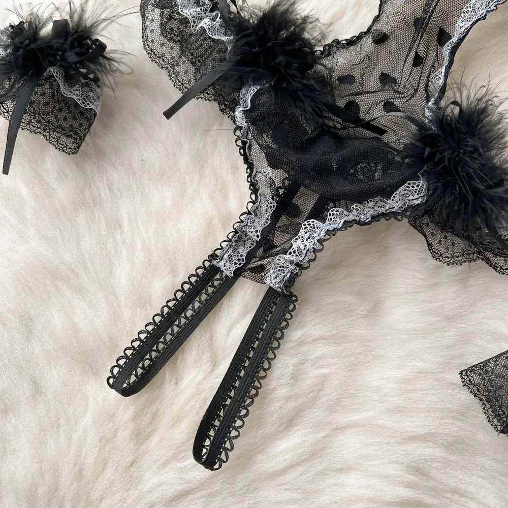 Women Sexy Erotic Lingerie V-Neck Strap Polka Dot Transparent Lace Bodysuit Hot Sleepwear Catsuit Cosplay Uniform Bow Playsuit