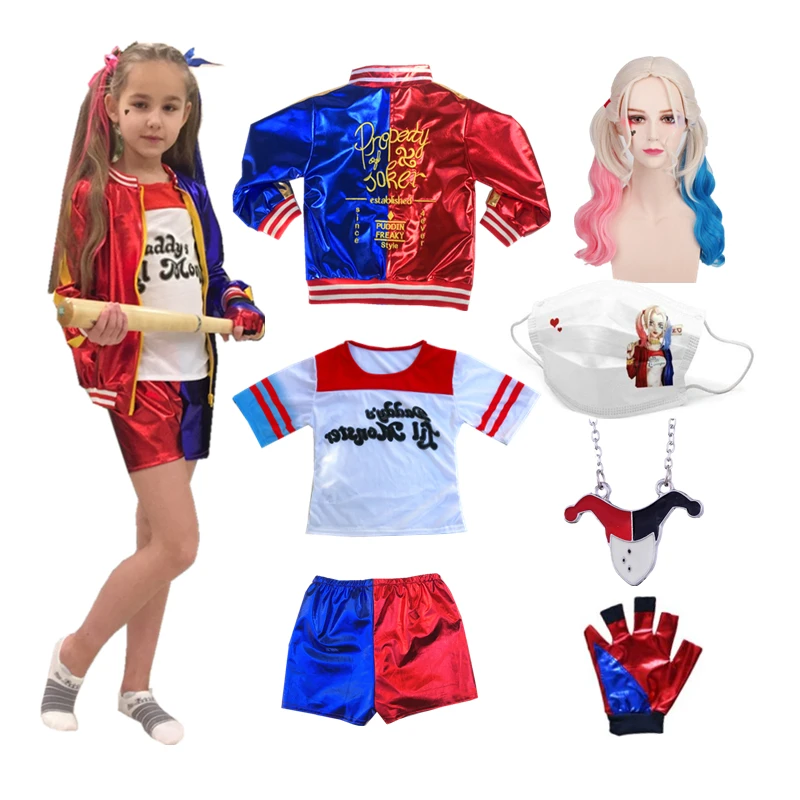 Fantasia Arlequina Avançado bordado jaqueta crianças meninas harleen  quinzel cosplay trajes festa camiseta roupas