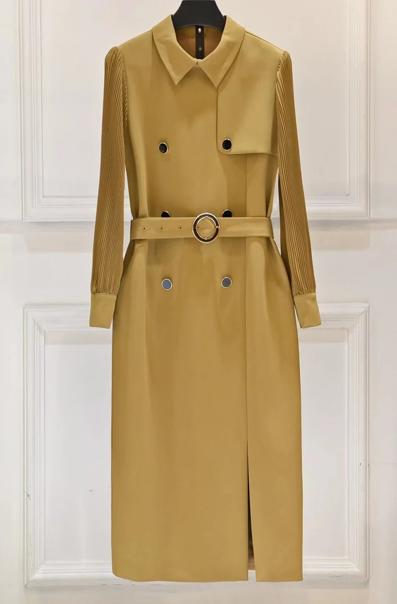 

Top Quality New 2022 Autumn Dress Women Turn-down Collar Pleated Sleeve Button Deco Long Sleeve Midi Khaki Black Work Dress OL