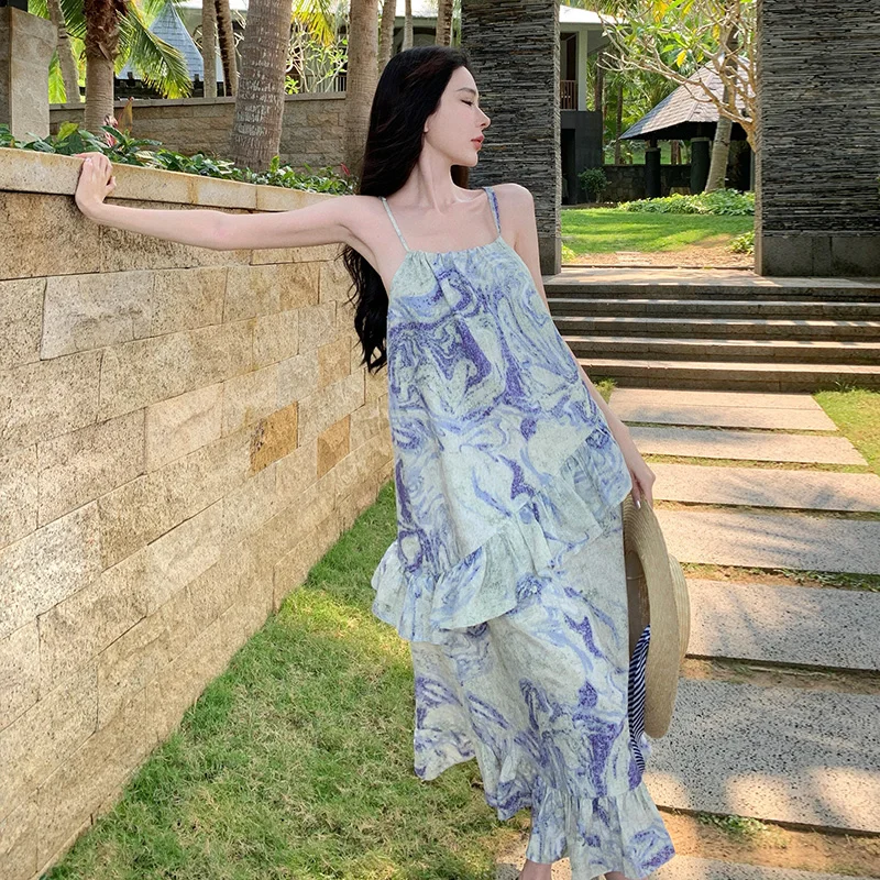 

New Vintage Cute Bule Print Dresses for Women 2024 New Spring Summer Fashion Sleeveless Sling Holiday Beach Sweet Fairy Dress