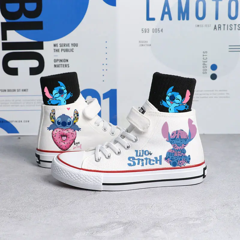 Stitch Children's Cartoon Hand-painted Stilson 2024 High-top Canvas Shoes Velcro Primary School Baby Shoes Casual White Shoes