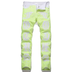 Men Y2K Neon Greeen Denim Jeans Streetwear Spider Web Letters Embroidery Pants Slim Straight Trousers