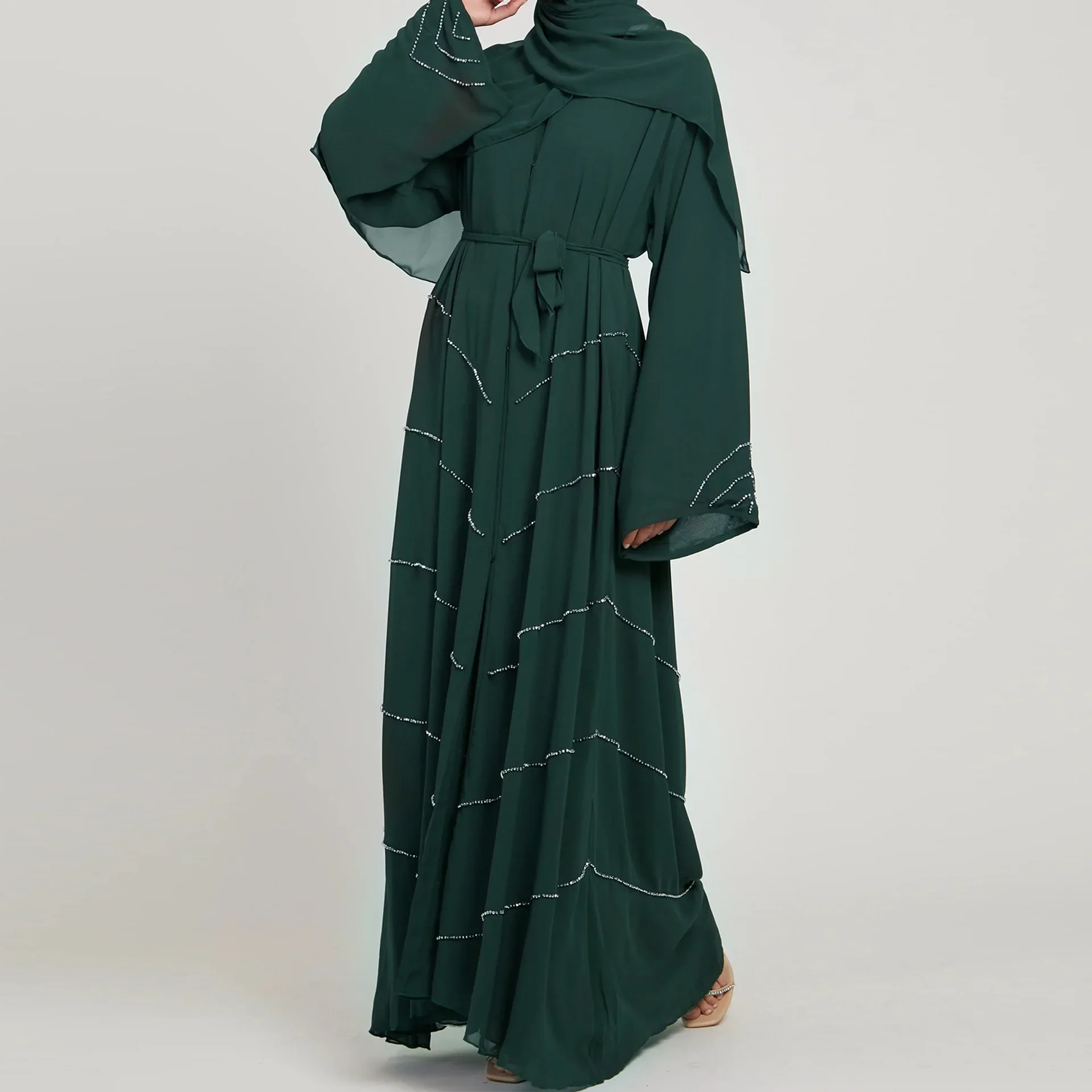 Beads Open Abaya Dubai Luxury Turkey Summer Party Solid Muslim Elegant Hijab Dress Belted Abayas for Women Kimono Islam Kaftan