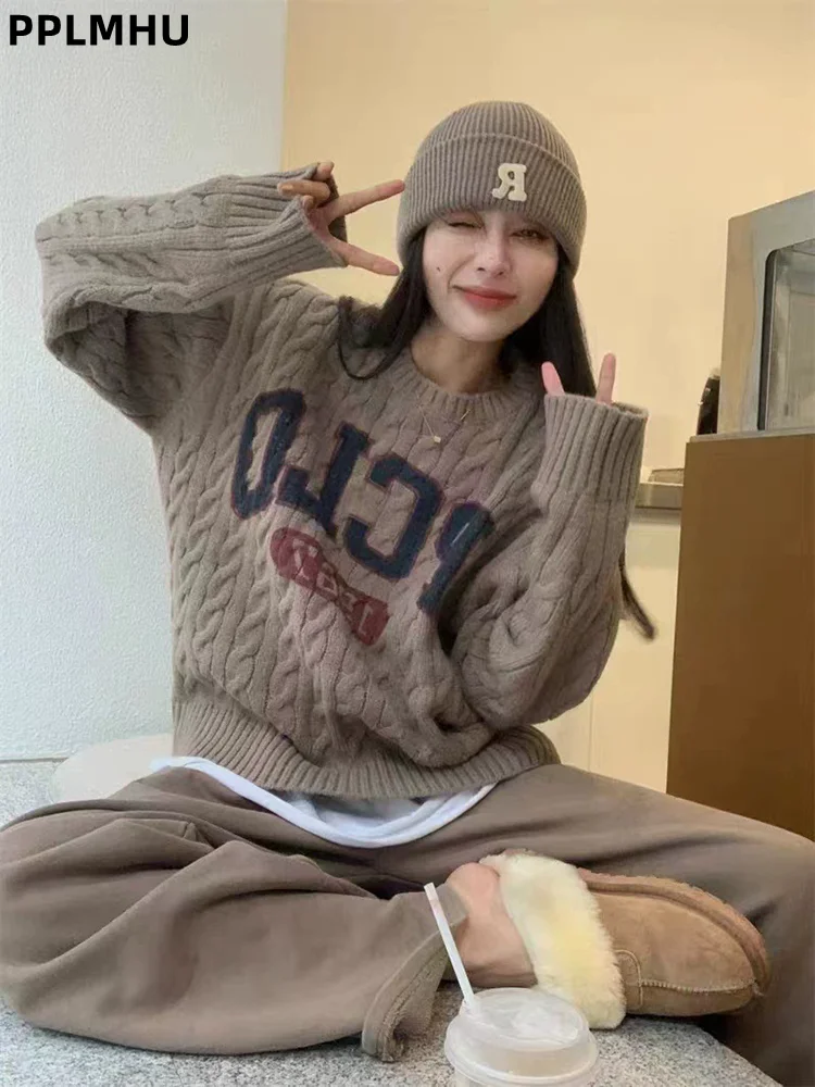 Vintage Fashion Pullover Sweater Long Sleeved Letter Patchwork - Main Image