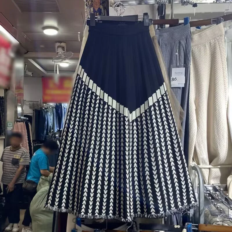 

Women Skirt High Waist Knitted Midi Skirt Black Gray Beige A-Line Vintage Print Elegant Pleated Skirt Spring Autumn Winter