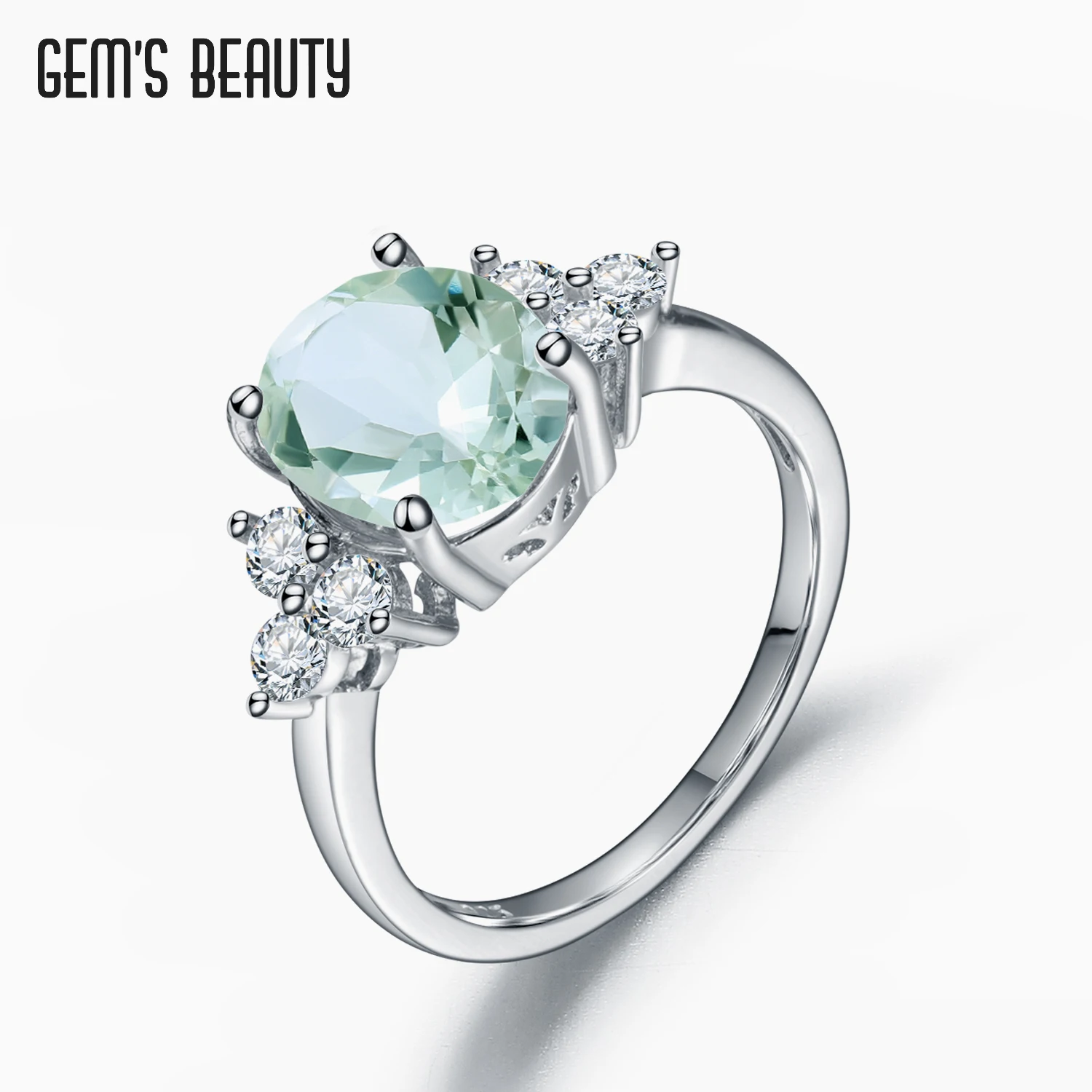 

Gem's Beauty Natural Green Amethyst Rings 925 Sterling Silver Three Stones Halo Rings For Women Fine Jewelry