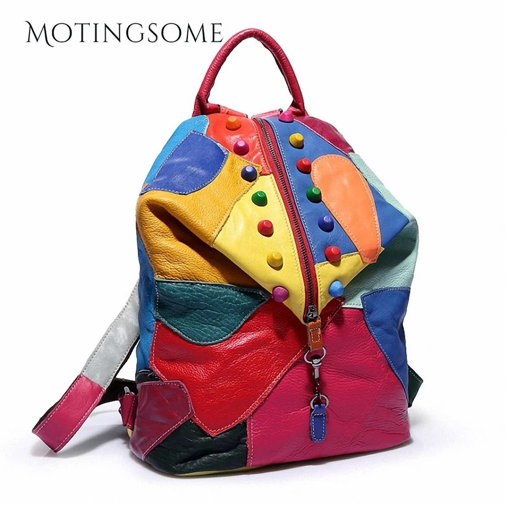 

Genuine Leather Backpack for Women Sheepskin Back Pack Colorful Patchwork Shopper Bag Female Packsack Mochila 2022 New Trend