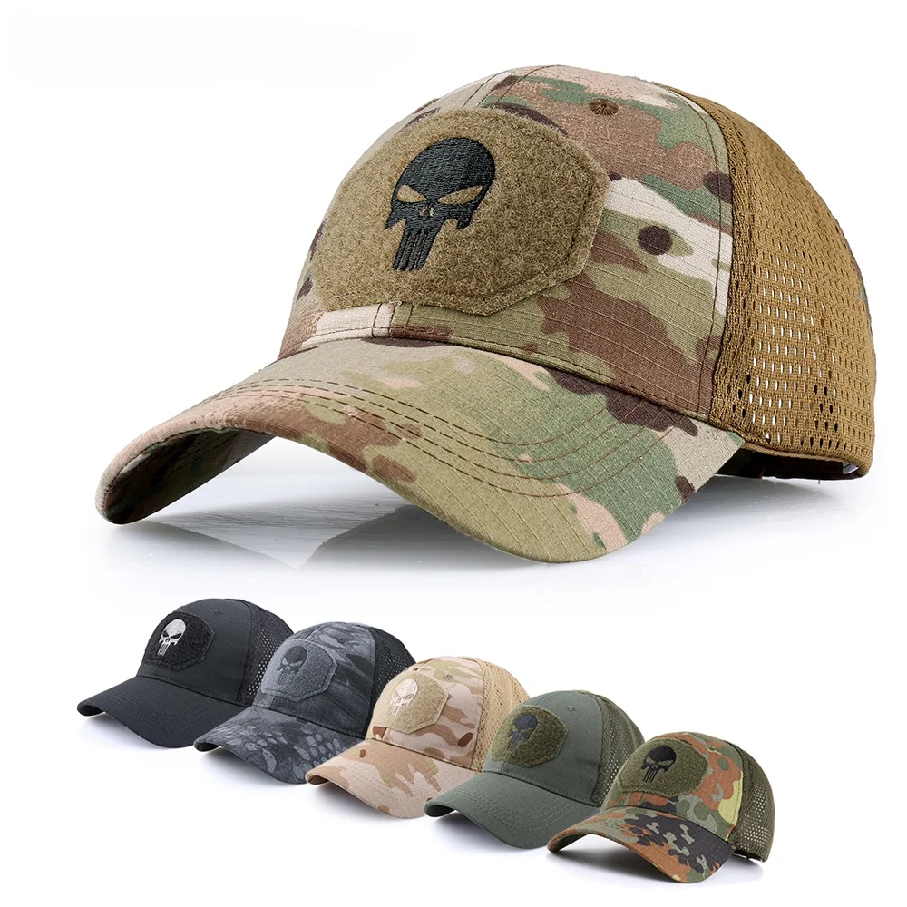 

LUC Tactical Military Camouflage Mesh Skull Cap Adjustable Sunshade Hat Army Soldier Combat Paintball Sun Gorras Cycling Caps