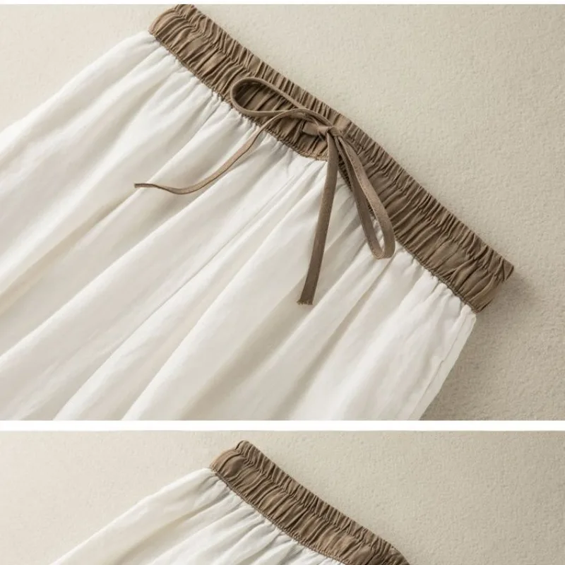 Women's Clothing 2024 New Summer Retro Color-blocked Drawstring Elasticized High-waisted Pockets Cotton Linen Casual Harem Pants