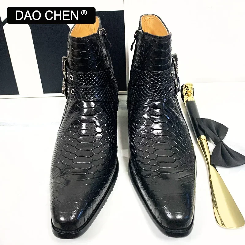 LUXURY DESIGNER MEN ANKLE BOOTS SHOE COFFEE BLACK SNAKE PRINT BUCKLE STRAP CASUAL DRESS SHOES GENUINE LEATHER BOOTS MEN