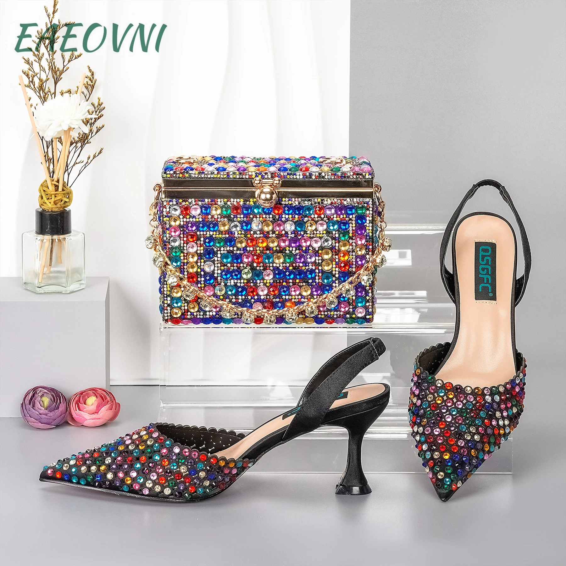 

Rainbow Color Chain Full Diamond Bag And Pointed High Heels Noble And Generous Decoration Full Diamond