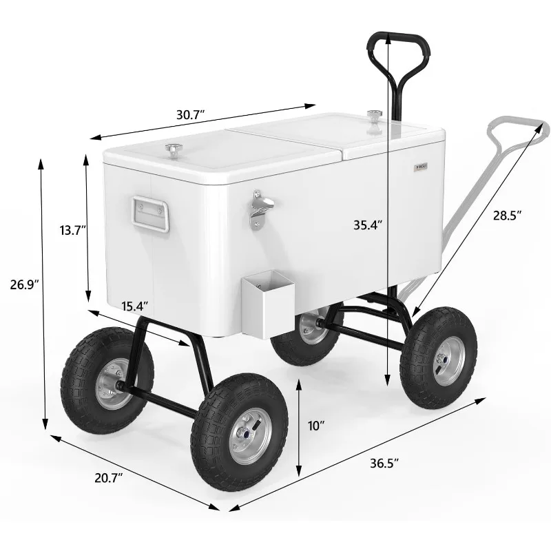 VINGLI 80 Quart Wagon Rolling Cooler Ice Chest, w/Long Handle and 10" Wheels, Portable Beach Patio Party Bar Cold Drink Beverage