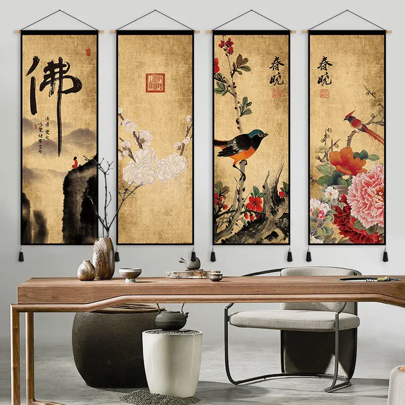 Zen Retro Chinese Fabric Art Hanging Painting Living Tea Room Background Fabric Wall Decoration Painting Bedroom Study Tapestry