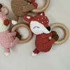 1pc BPA Free DIY Crochet Elk Fox Baby Teether Wooden Teether Ring Rattle Newborn Teething Nursing Soother Molar Educational Toys 3