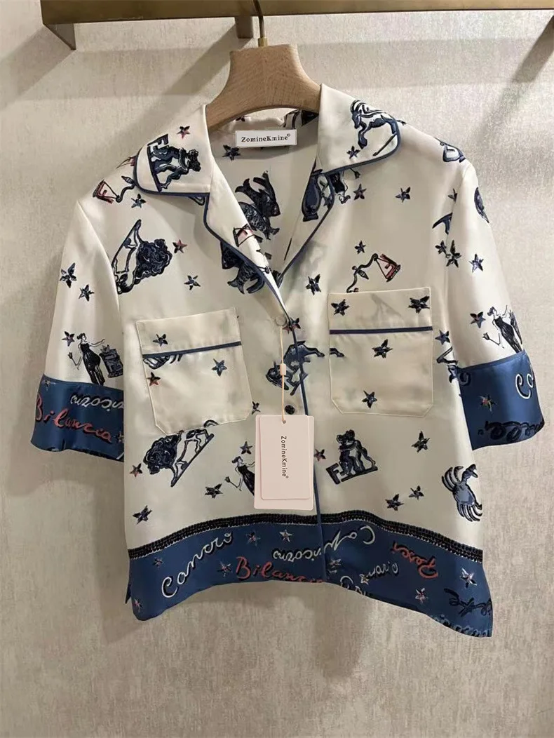 

Женская блузка с коротким рукавом, отложным воротником и карманами