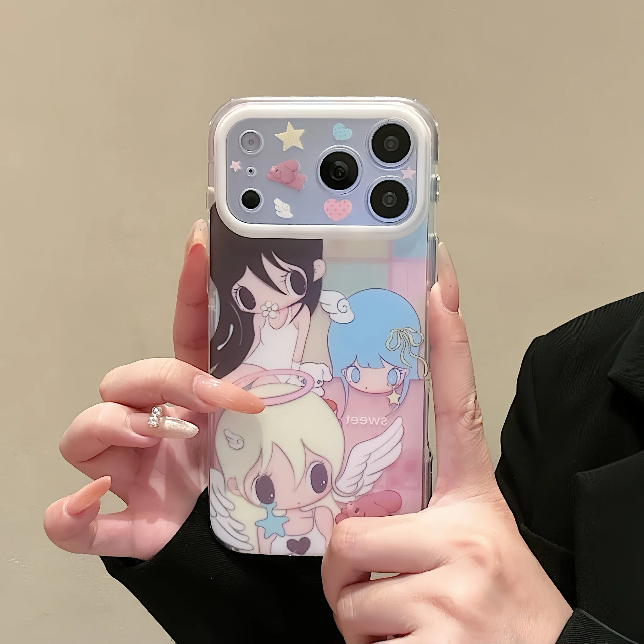 Y2K Sweet Big Eye Angel Girl Phone Case with Bear Star Print - Trendy Aesthetic Shockproof Cover