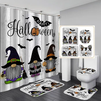 Halloween Shower Curtain Set 4PCS with Toilet Lid Cover Bath Area Mat Toilet Lid Cover Haunted House Horror Bathroom Decor 5
