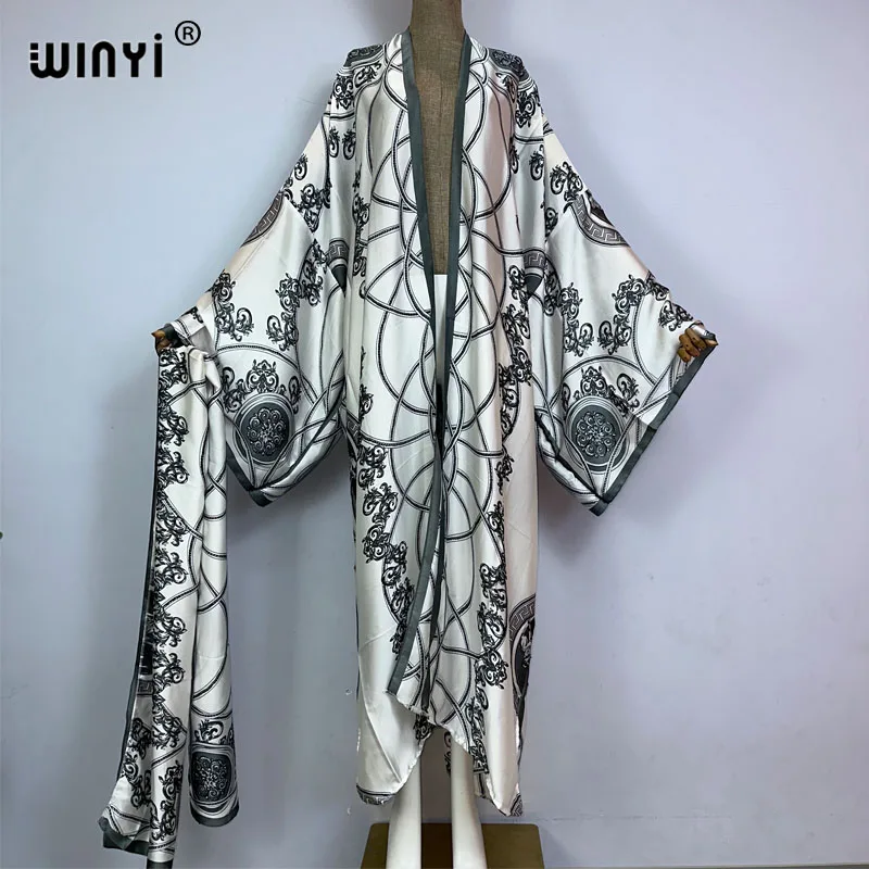 2023 KUWAIT WINYI new Muslim coat Boho Print Self Belted Front Open Long Kimono kaftan Beach Tunic Women Wrap Dresses 4