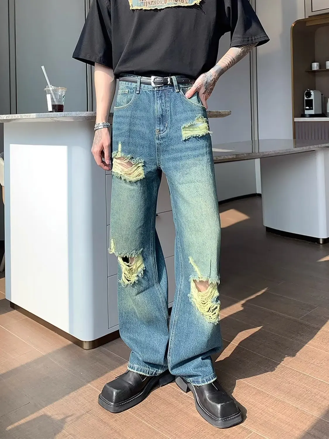 

Vintage Niche Dark Blue Gradient Cat Beard Ripped Jeans Men's Fashion Brand High Street Loose Straight Leg Pants