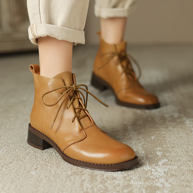 

Genuine Leather Cross-tied Women's Ankle Boots Mid-heels Autumn Winter New Warm Woman Short Boots Retro Versatile Ladies Shoes