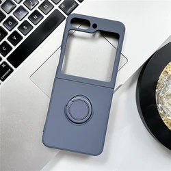 Soft Liquid Silicone Folding Phone Case with Square Frame and Magnetic Ring Holder - Samsung Z Flip 3 (Grey Blue)