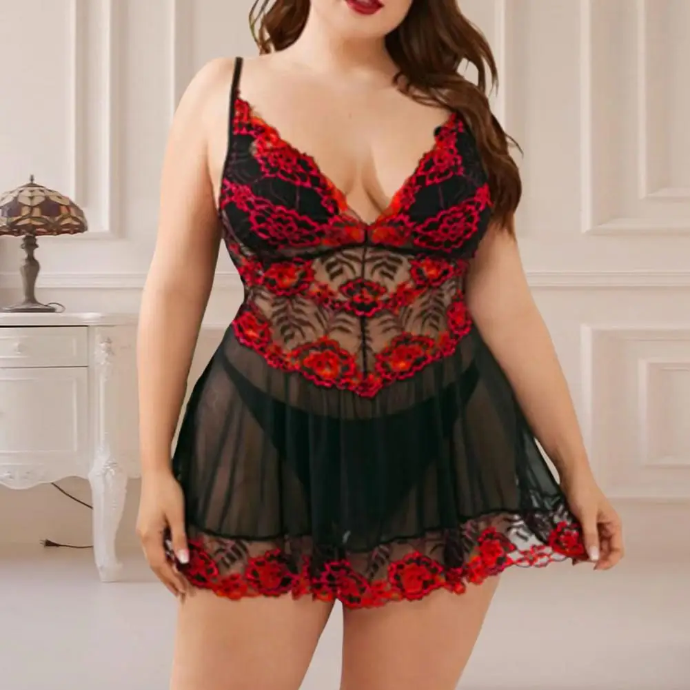 

Mesh See-through Pajamas Elegant Mesh Embroidered Nightdress Set with Low-cut V Neck Pleated Backless Design Women's Honeymoon