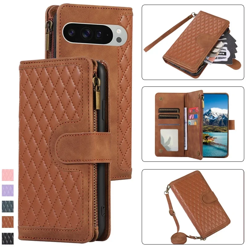 Luxury Zipper Leather Flip Wallet Phone Case with Lanyard and Card Holder