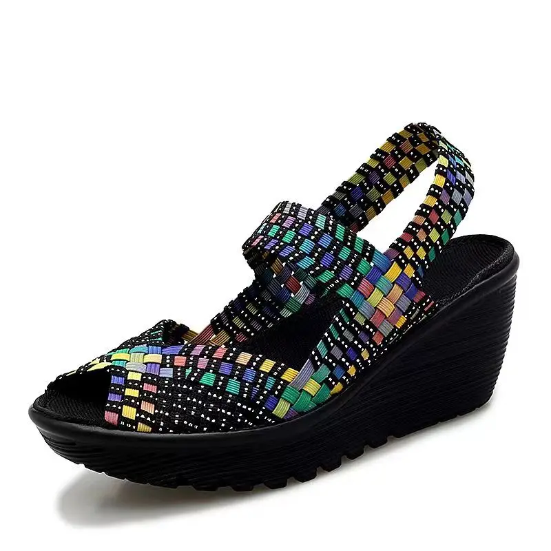 

Сандалии женские ручной работы, плетеные босоножки на танкетке с открытым носком, мягкая нескользящая подошва, босоножки на высоком каблуке, лето