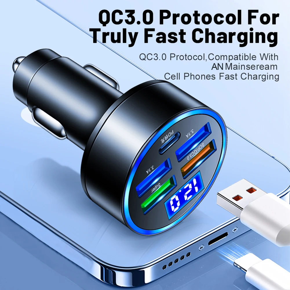 4 Port USB Car Charger Type C PD 150W Fast Charging Adapter For Huawei OPPO Oneplus IPhone 14 Pro Max 13 12 11 Mini XS Xiaomi