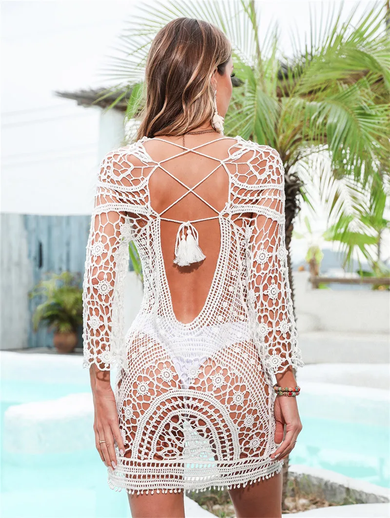 섹시한 크로 셰 뜨개질 수영복 비치 드레스 여성 레이스 업 비키니 커버 업 2022 Bodycon 미니 드레스 Ladie Backless Long Sleeve Club Outfit