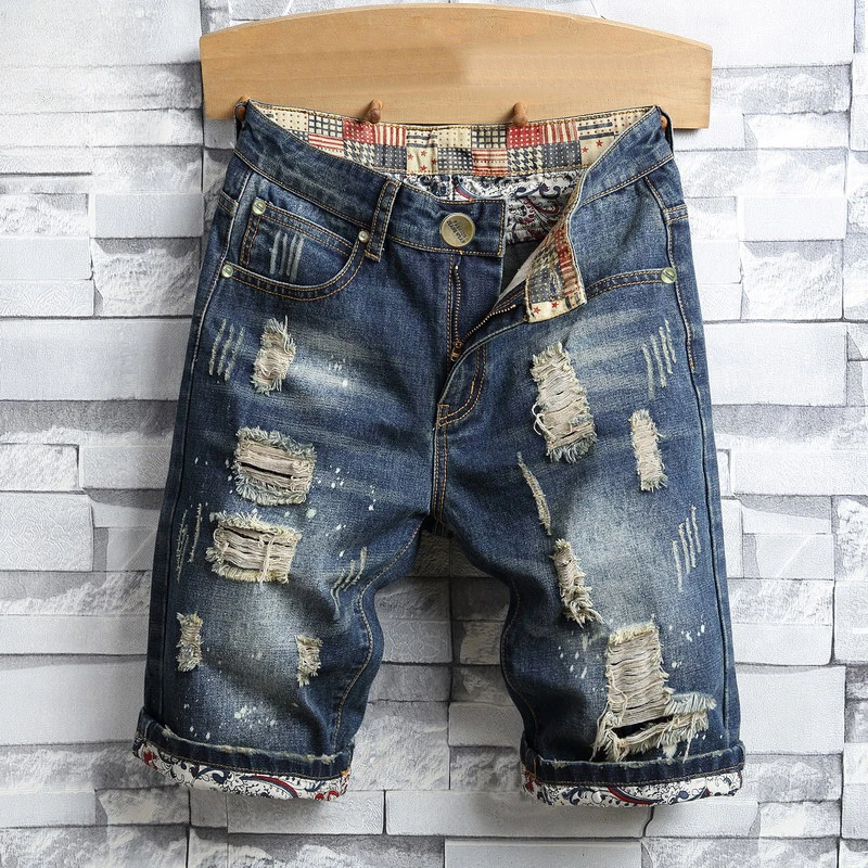 

2024 Summer Men's Hole Denim Shorts Men Fashion Casual Straight Fit Ripped Retro Biker Style Short Jeans Male Brand Clothing 40