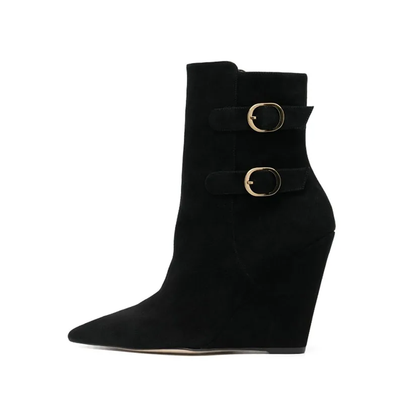 

Arden Furtado 2023 Autumn Woman's Wedges Suede Short boots Pointed toe Belt buckle Super high heel Side zipper Modern boots