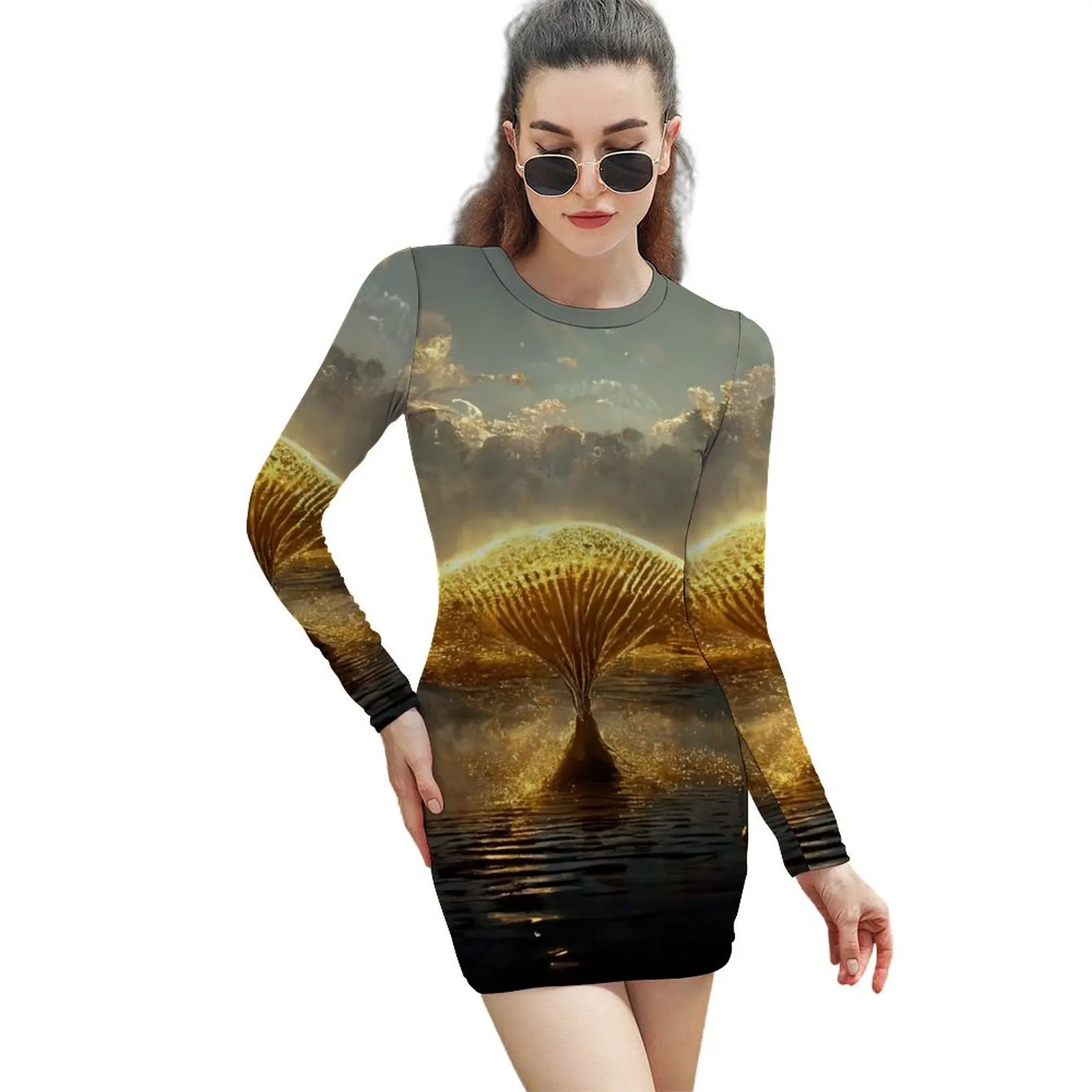 Golden Whale Tail Long-Sleeved Sheath Dress Casual dresses Women dresses summer