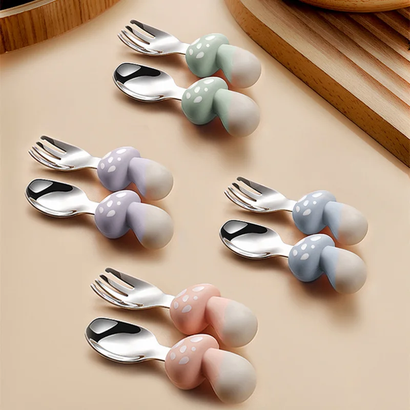 304 Stainless Steel Children's Tableware Baby Learning Eat Prevent Scalding Falling Practice Auxiliary Food Spoon Baby Feeding Spoons